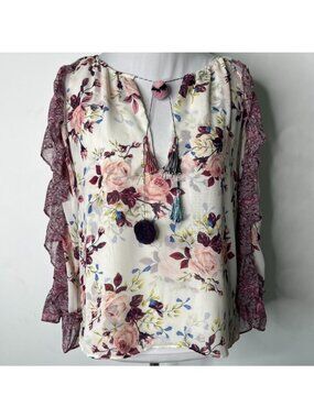 MISA Los Angeles Sia Floral Chiffon Ruffle Blouse XS Burgundy Cream Boho Tassel